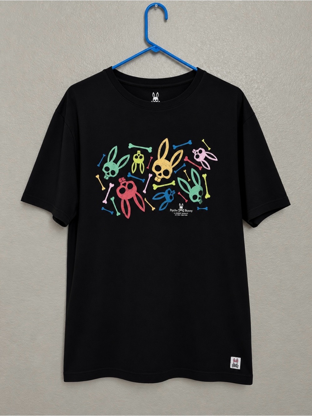 Psycho Bunny Black Tee with Multicolor Bunny & Bone Graphic